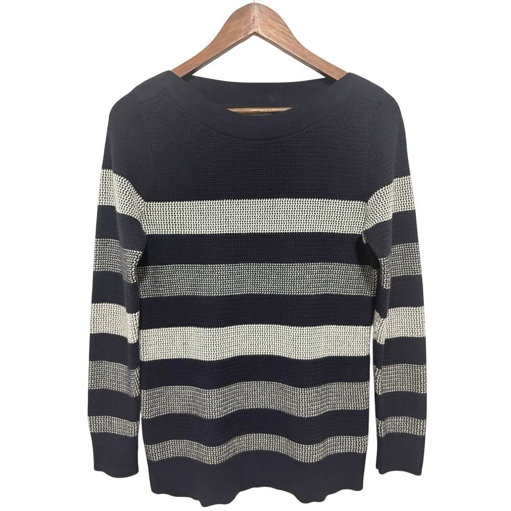 Market & Spruce Womens S Navy White Striped Waffle Knit Boat Neck Sweater